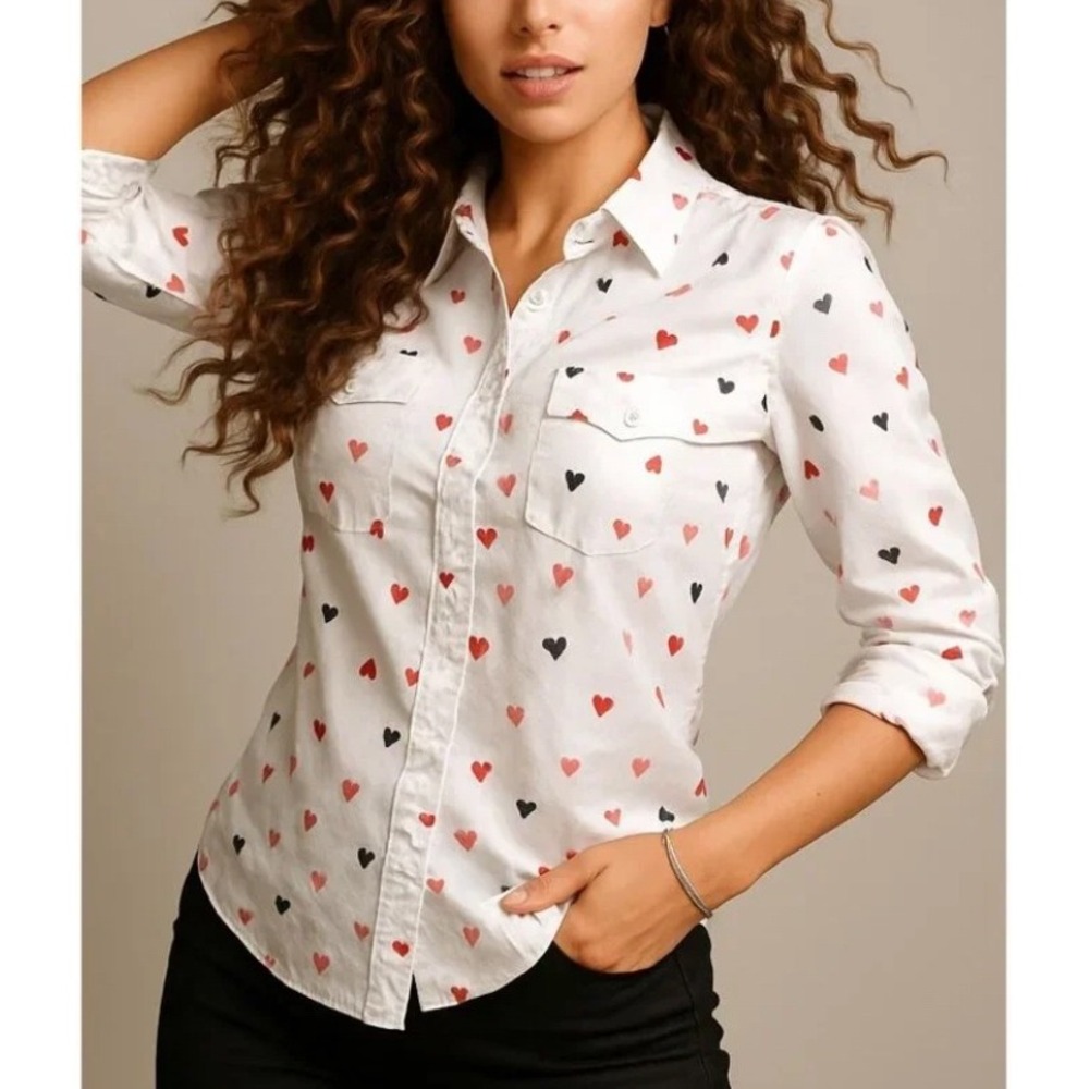 Christopher & Banks Petite White Pink Heart Button Down Shirt Petite Medium